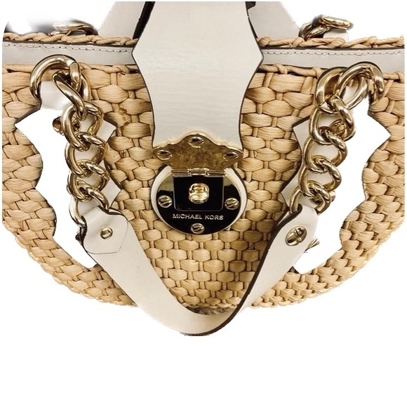 Michael Kors White Leather Santorini Raffia Large Straw Woven Tote Bag. - Picture 11 of 16